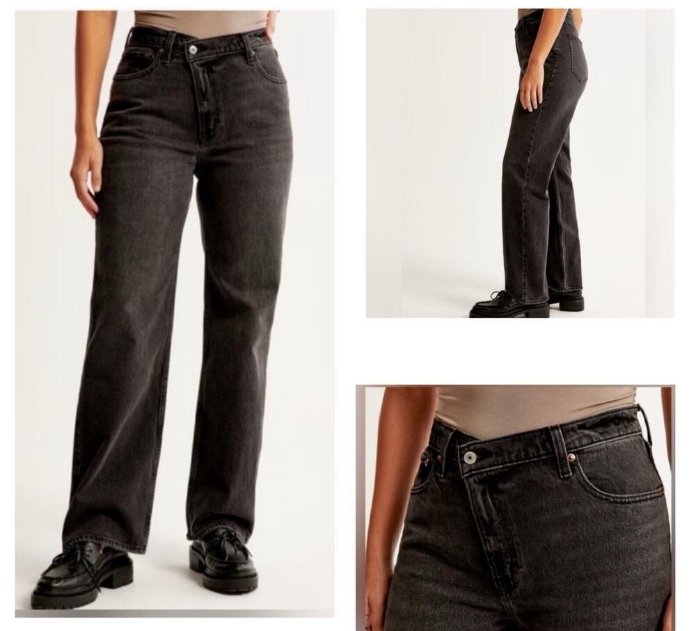 Abercrombie & Fitch Black Grey Curve Love High Rise 90s Relaxed Jeans 36/22R NEW